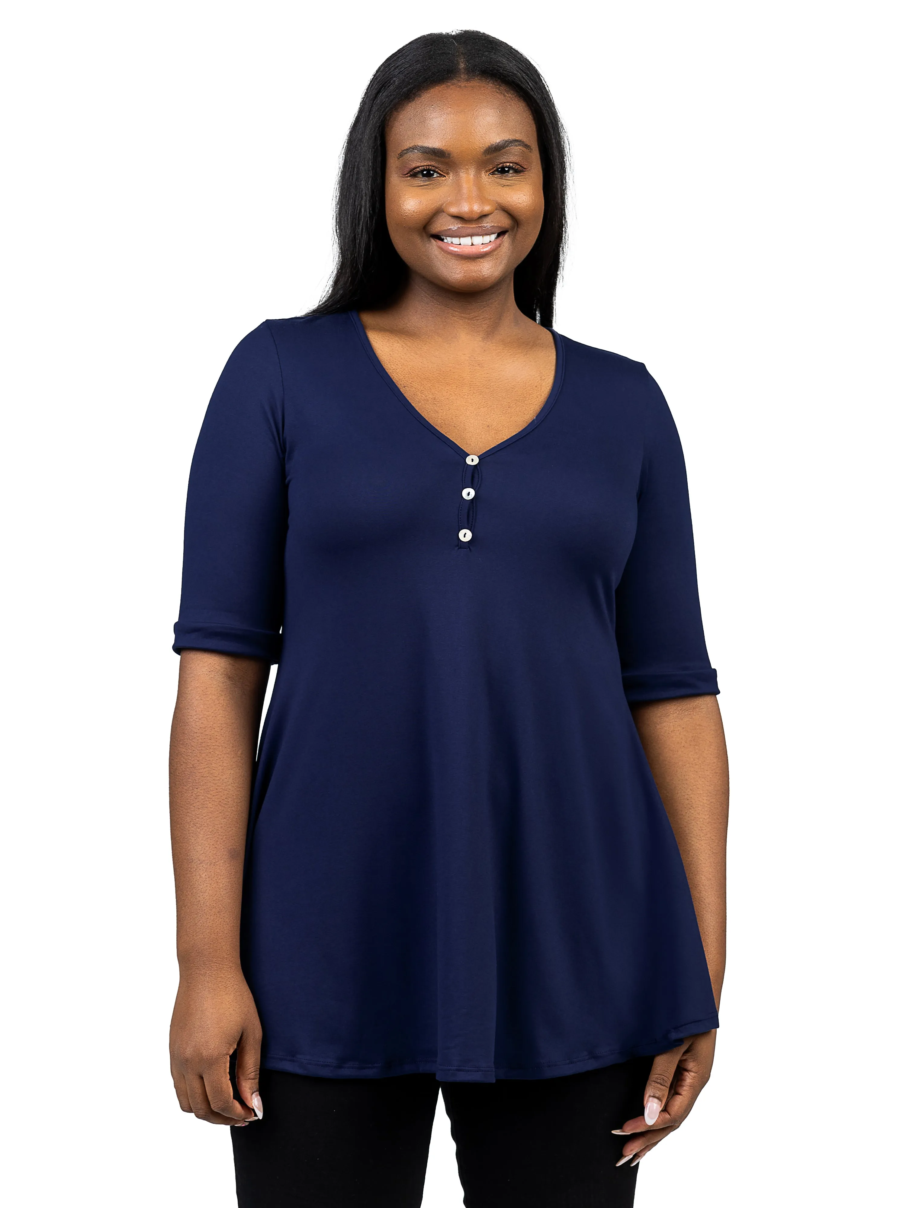 Elbow Sleeve Henley Plus Size Tunic Top