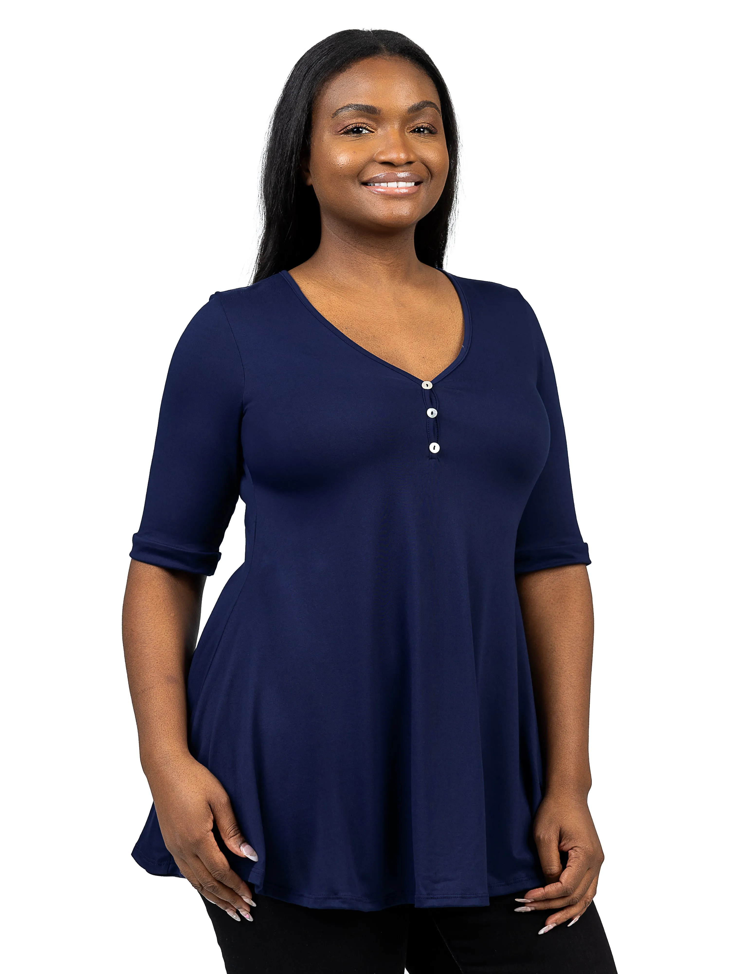 Elbow Sleeve Henley Plus Size Tunic Top