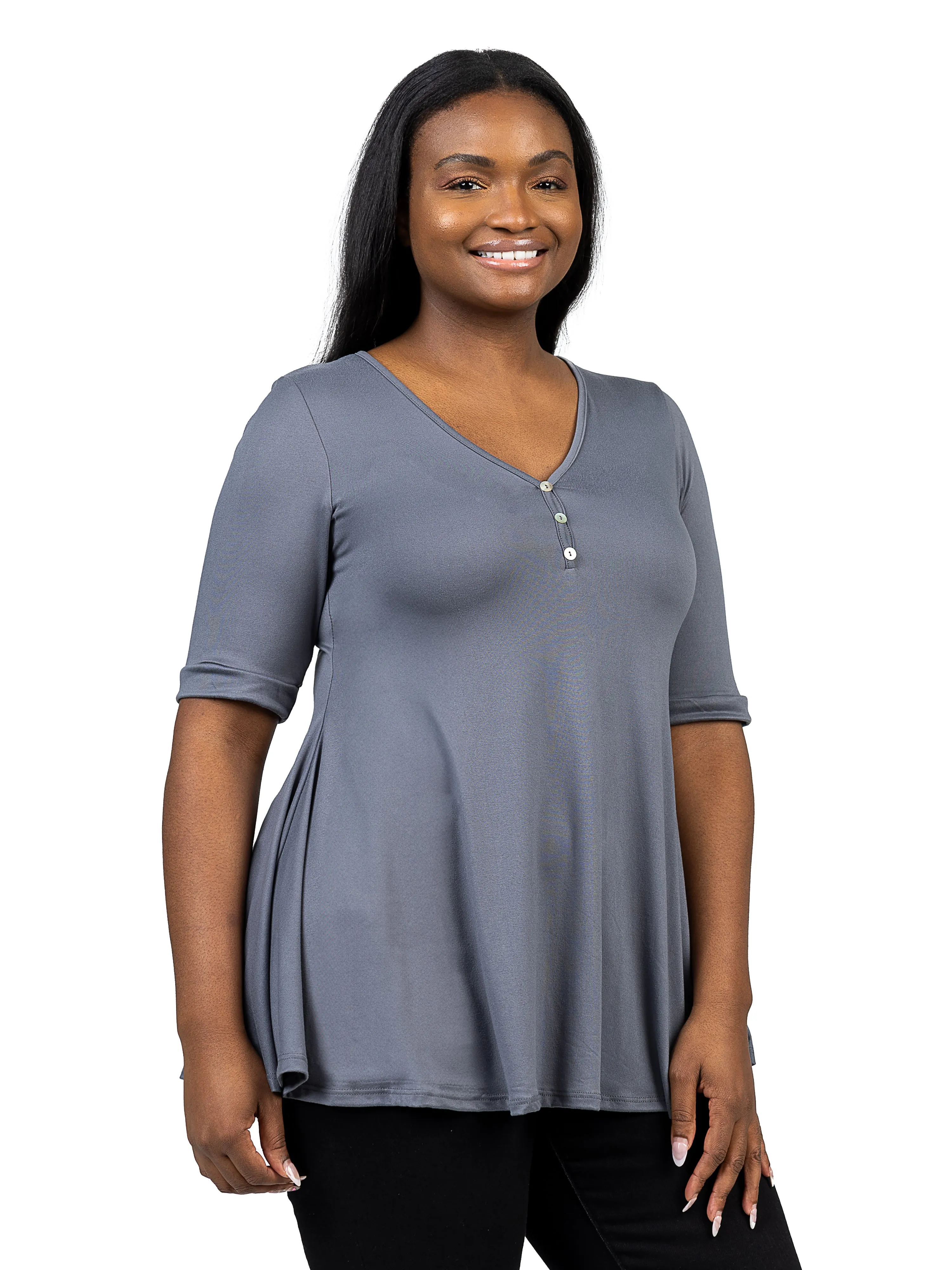 Elbow Sleeve Henley Plus Size Tunic Top