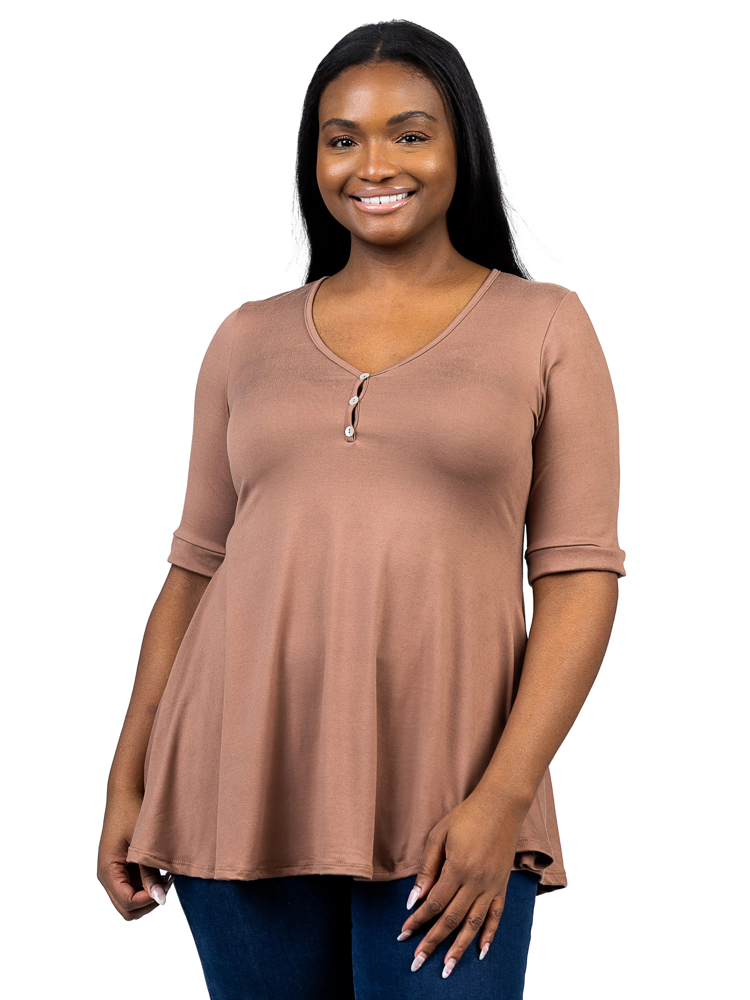 Elbow Sleeve Henley Plus Size Tunic Top