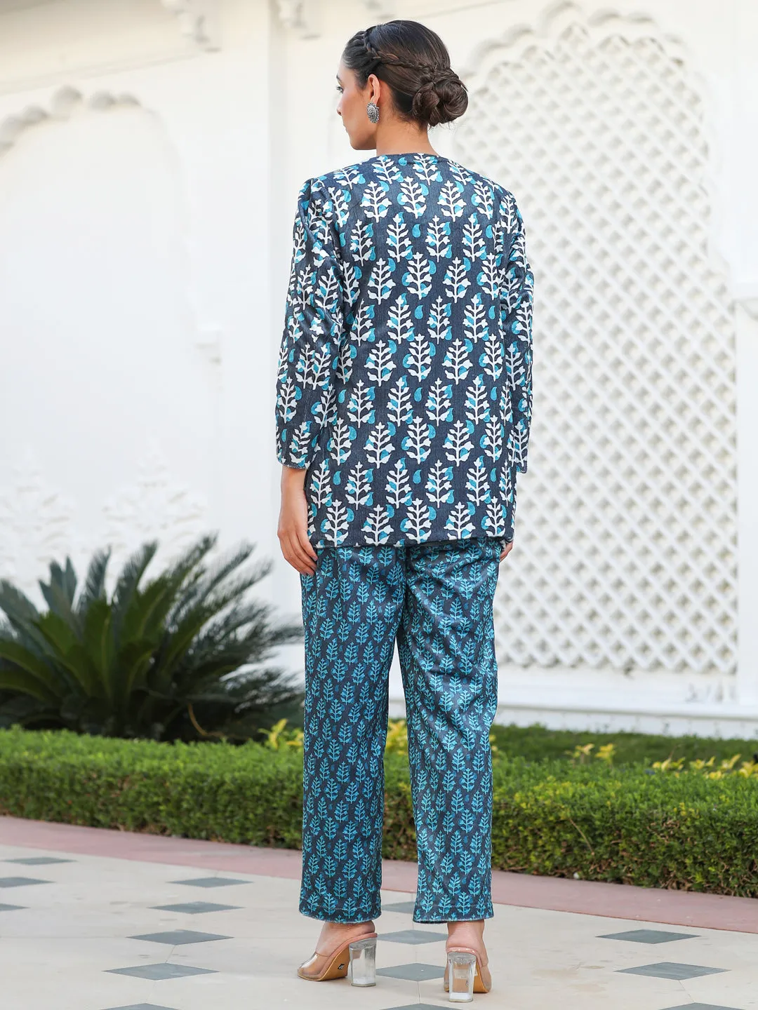 Embroidered Blue Printed Velvet Jacket With Cream Crop Top And Printed Velvet Pants