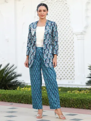 Embroidered Blue Printed Velvet Jacket With Cream Crop Top And Printed Velvet Pants