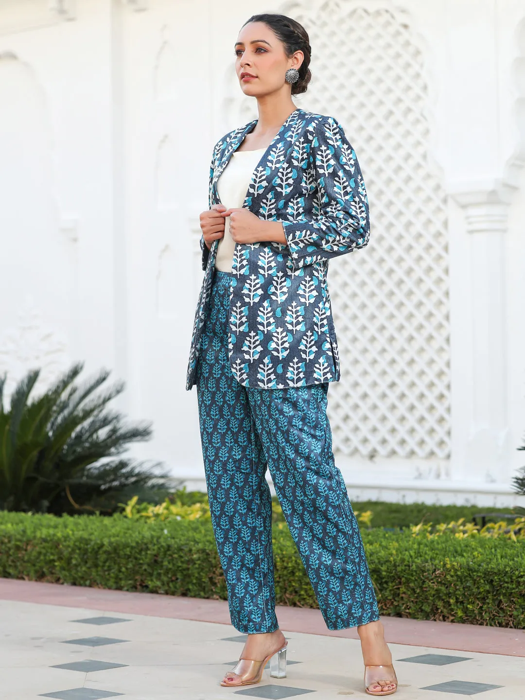 Embroidered Blue Printed Velvet Jacket With Cream Crop Top And Printed Velvet Pants