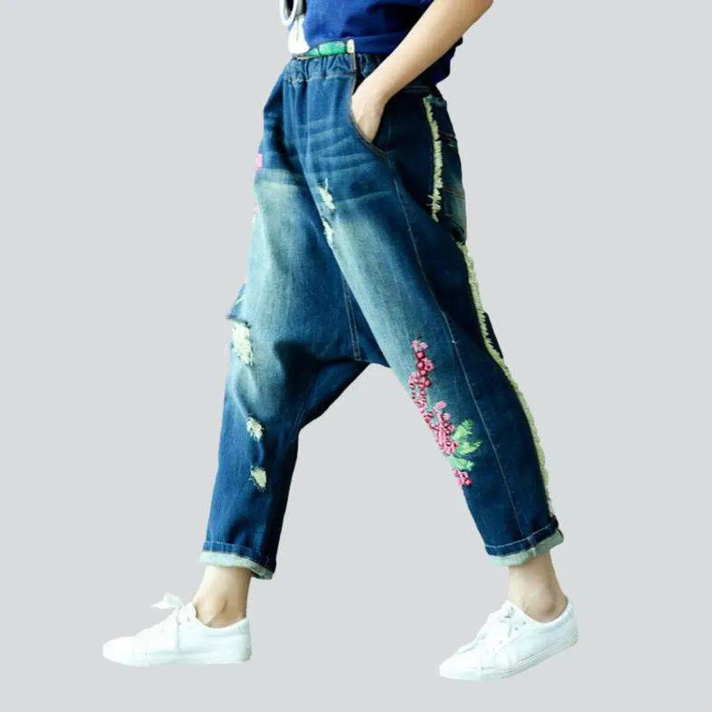 Embroidered ripped harem denim pants