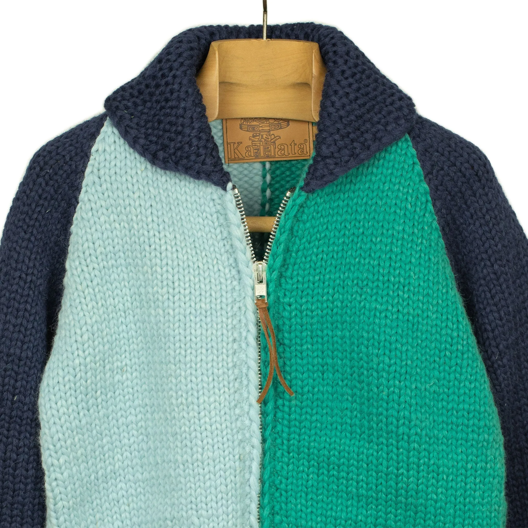 Exclusive hand-knit color-blocked Cowichan cardigan in shades of blue,  6-ply wool