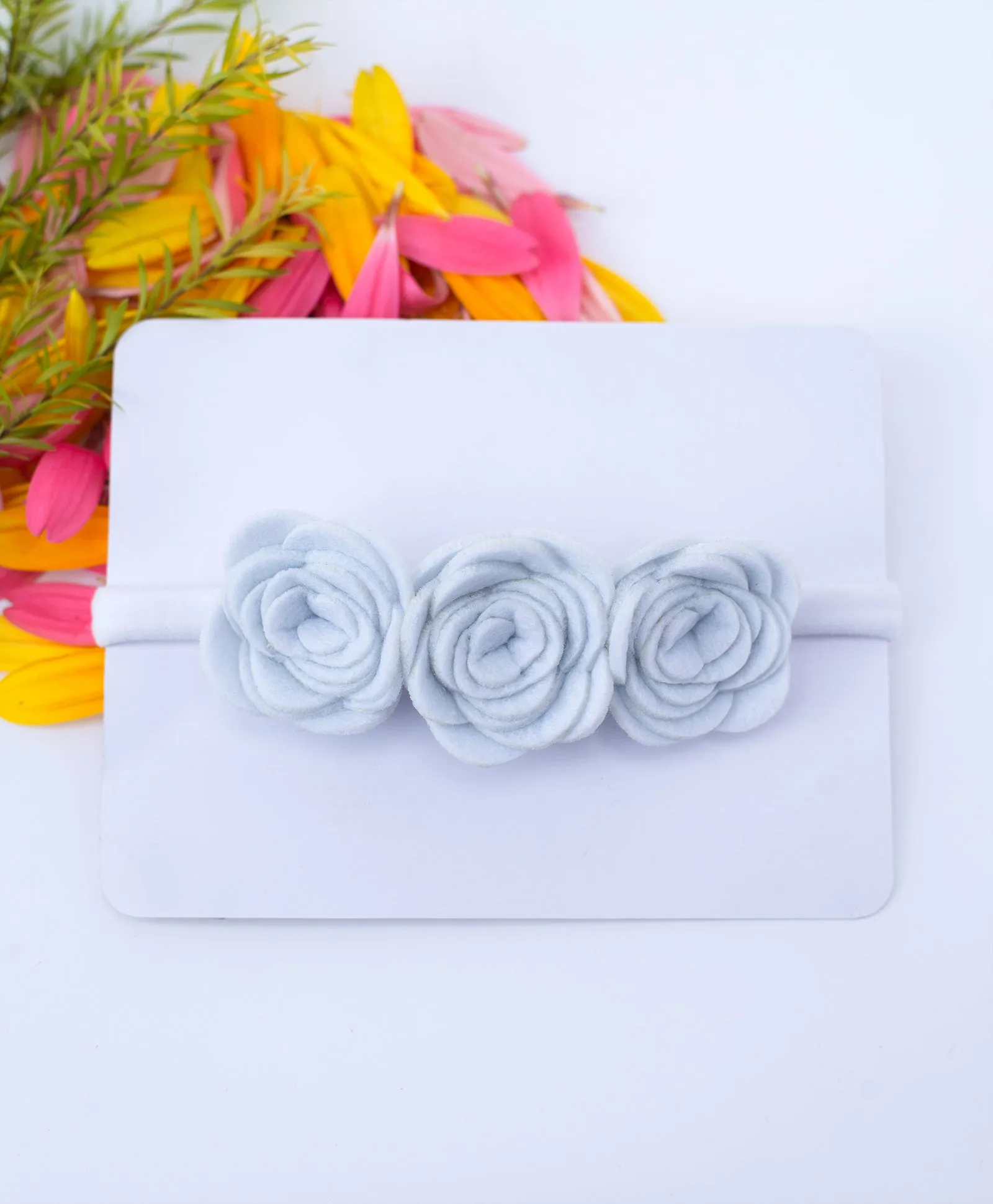 Felt Three Rose Newborn Headband - White