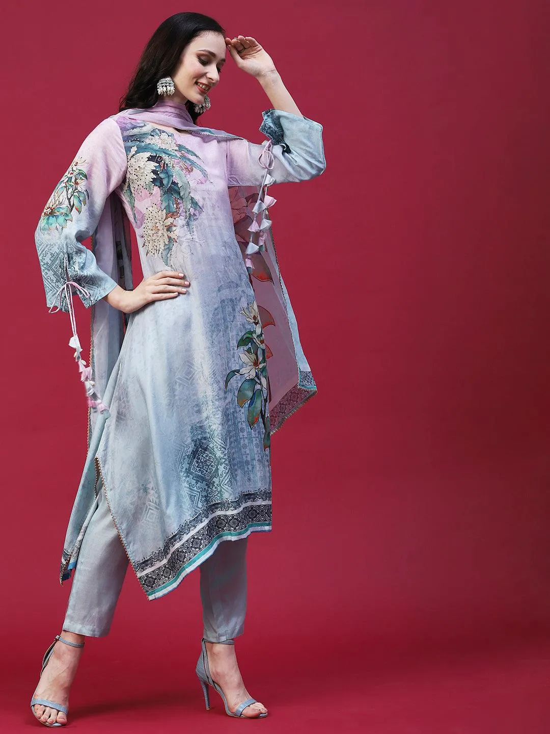 Floral Printed Mirror Embellished Kurta With Pants & Printed Dupatta - Powder Blue