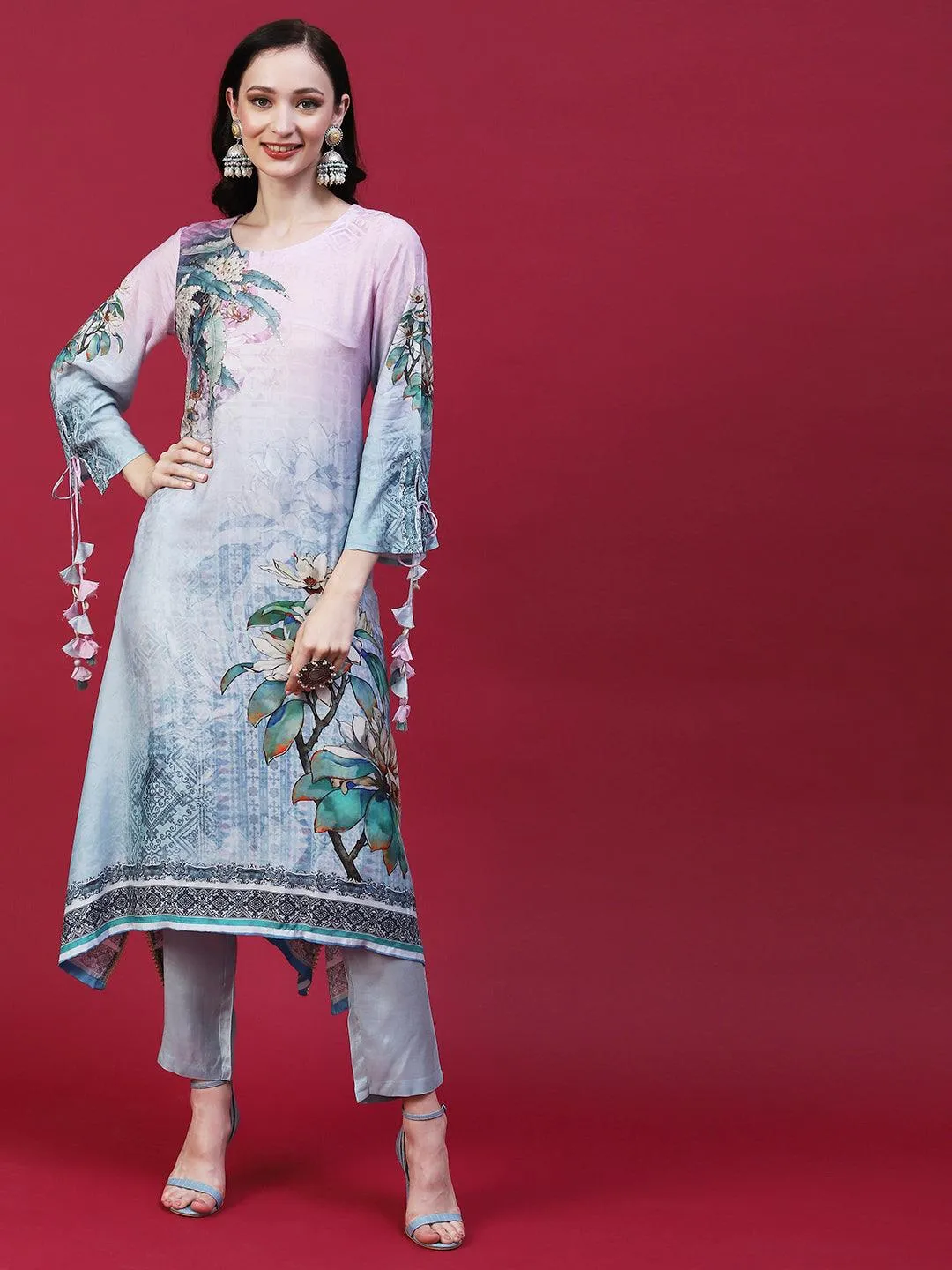 Floral Printed Mirror Embellished Kurta With Pants & Printed Dupatta - Powder Blue