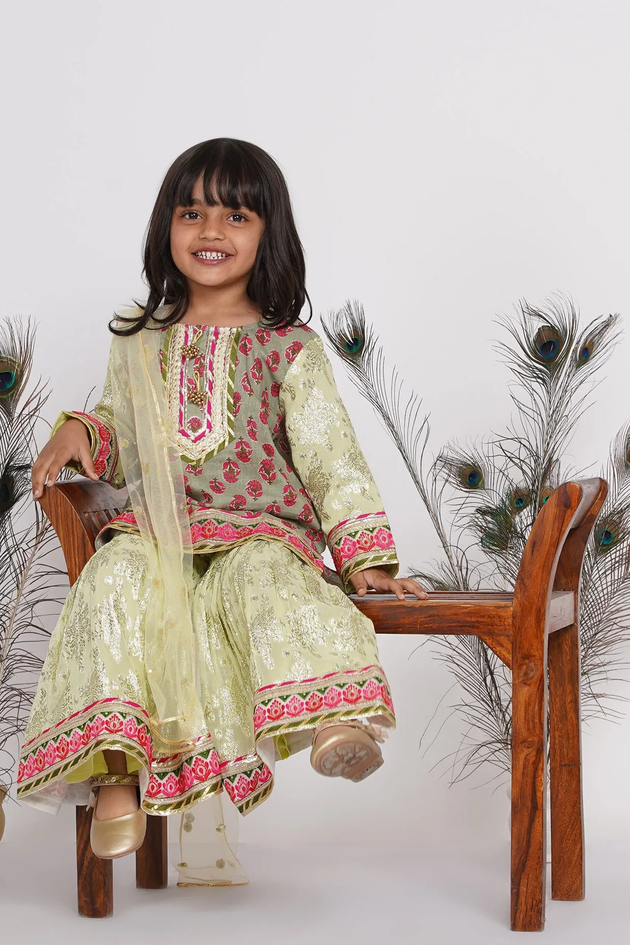 Girl's Banarsi Cotton Turkish Lacework Kurta With Foil Sharara And Dupatta - Green - Little Bansi Girls