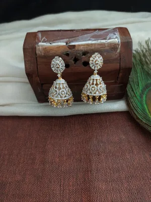 Gold & Silver Finish Floral Design Jhumka With Zircon Stones