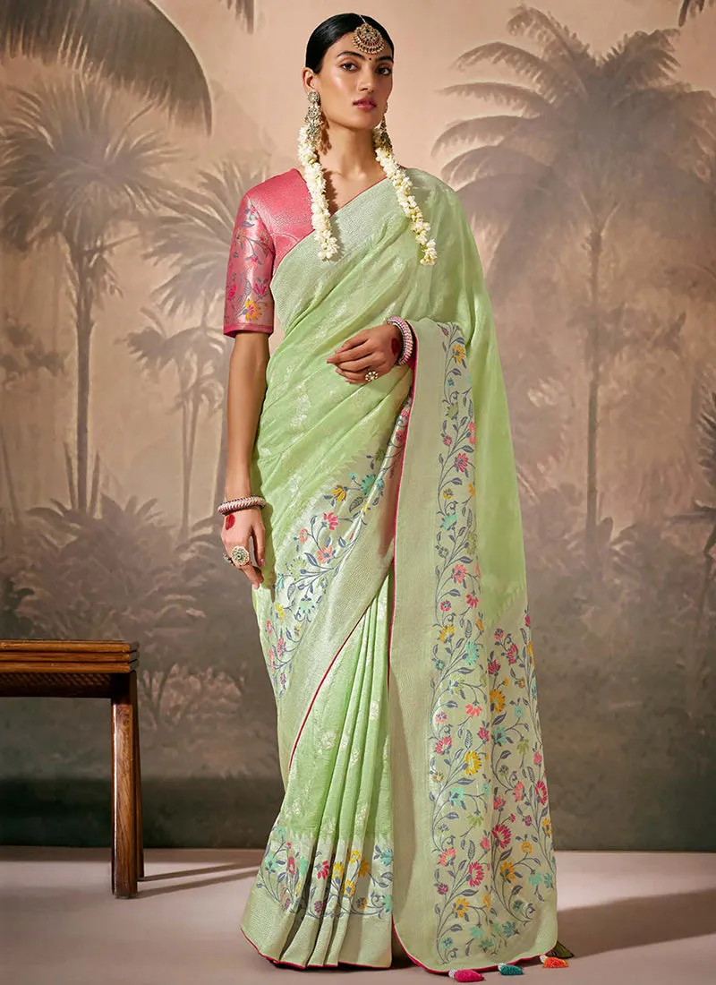 Green And Pink Floral Munga Silk Saree