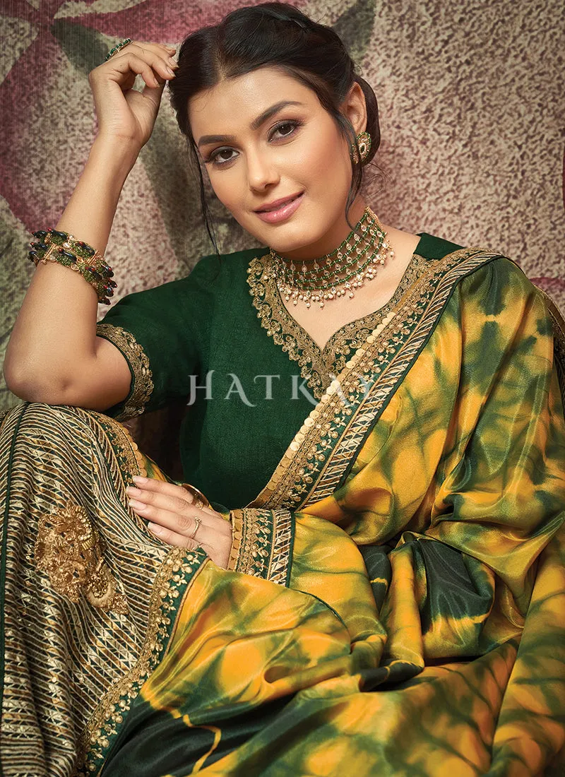 Green And Yellow Embroidery Traditional Satin Silk Saree