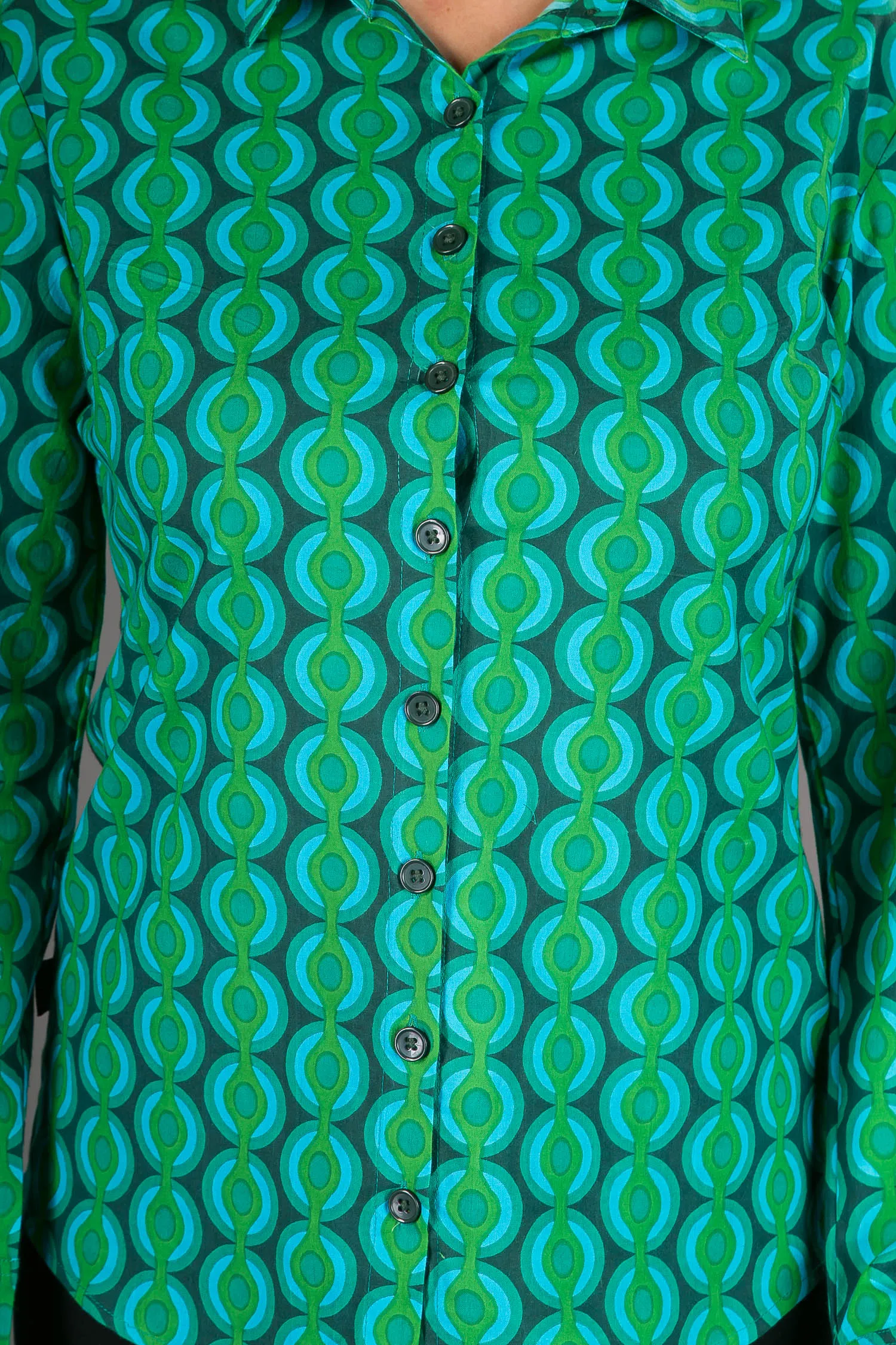 Green Geometric Print Cotton Slim Fit Womens Shirt Long Sleeve