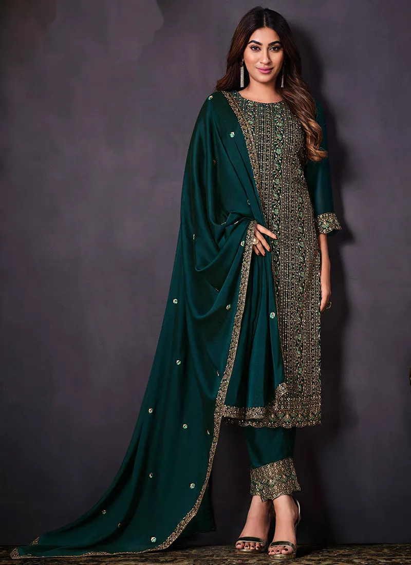 Green Sequence Embroidery Pant Style Suit