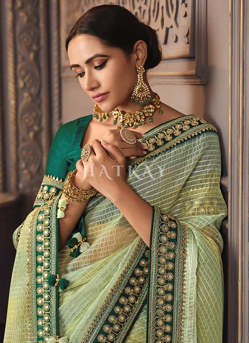 Green Shaded Zari Embroidery Organza Silk Saree