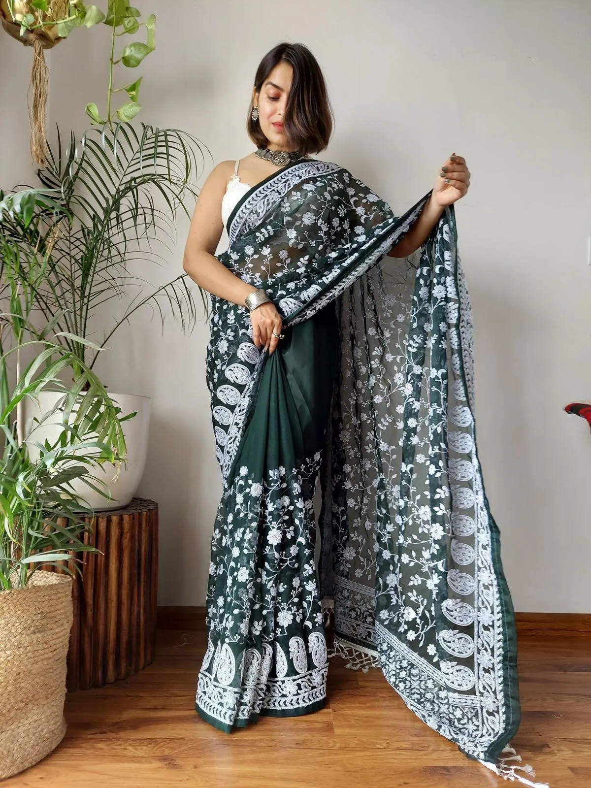 Green Viscose Organza Saree with Exquisite Chickenkari Embroidery – Paired with Elegant White Silk Blouse and Latkan