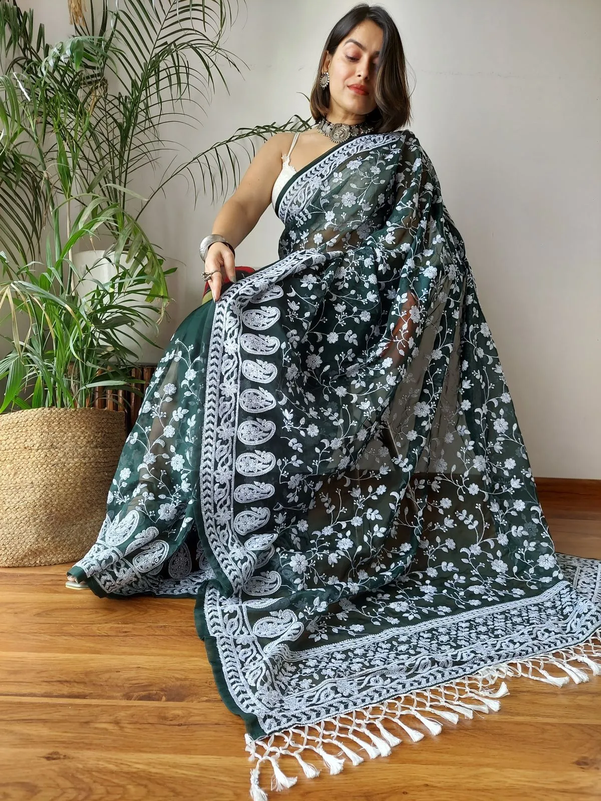 Green Viscose Organza Saree with Exquisite Chickenkari Embroidery – Paired with Elegant White Silk Blouse and Latkan