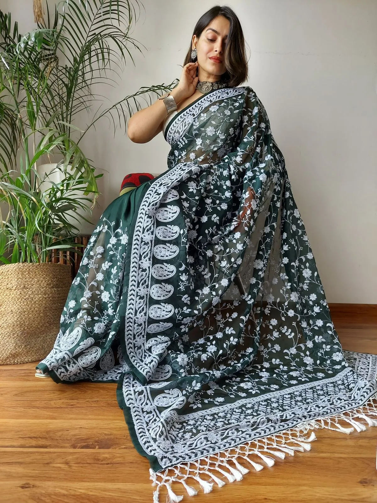 Green Viscose Organza Saree with Exquisite Chickenkari Embroidery – Paired with Elegant White Silk Blouse and Latkan