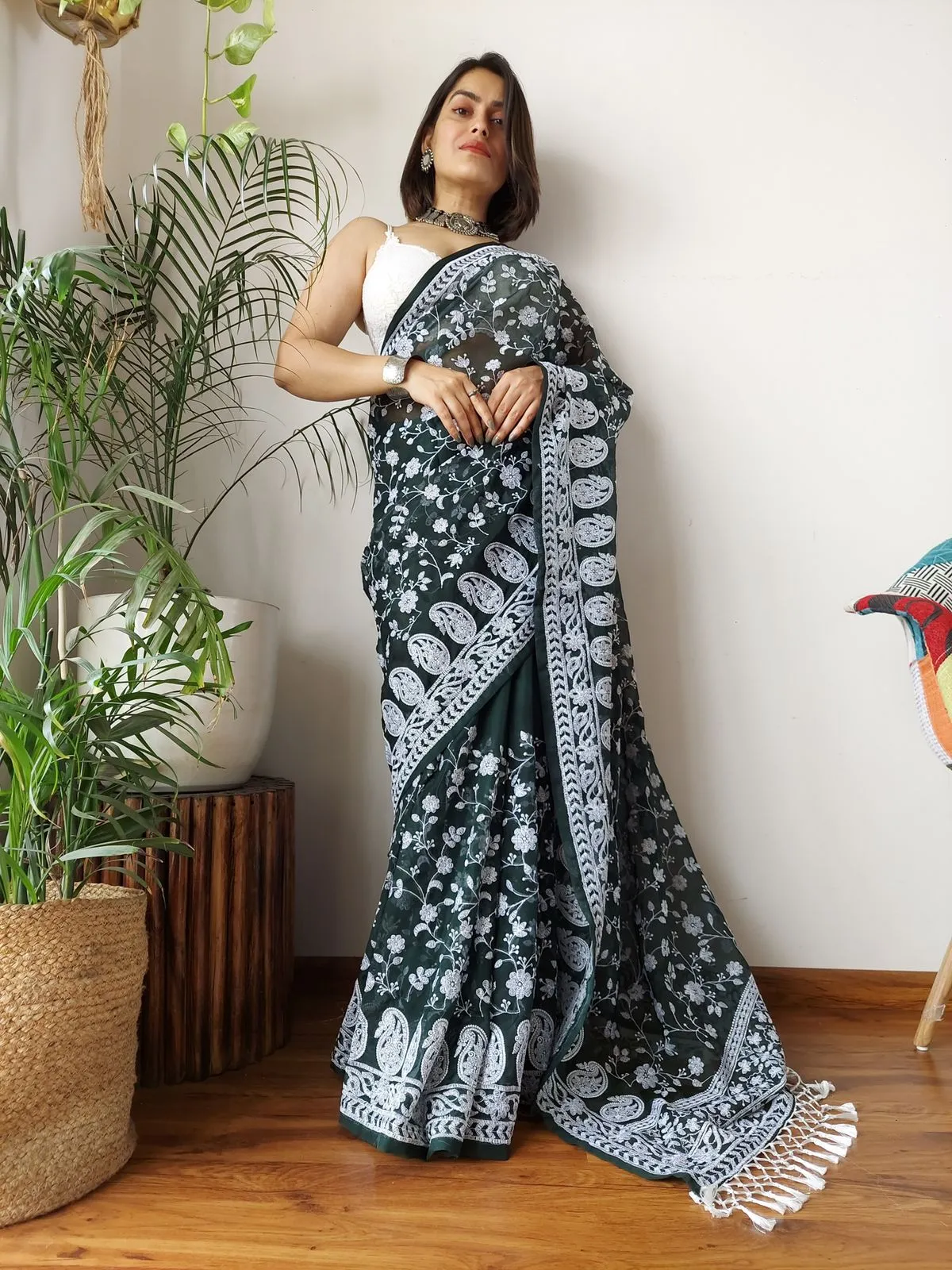 Green Viscose Organza Saree with Exquisite Chickenkari Embroidery – Paired with Elegant White Silk Blouse and Latkan