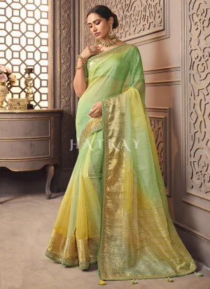 Green Yellow Zari Embroidery Shaded Organza Silk Saree