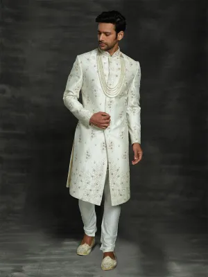 Greenish White Slim Fit Embroidered Silk Sherwani With Ethnic Motifs