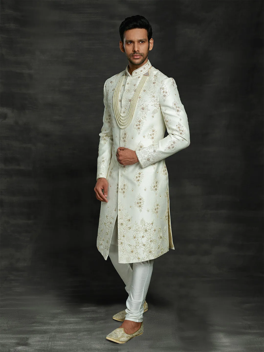 Greenish White Slim Fit Embroidered Silk Sherwani With Ethnic Motifs