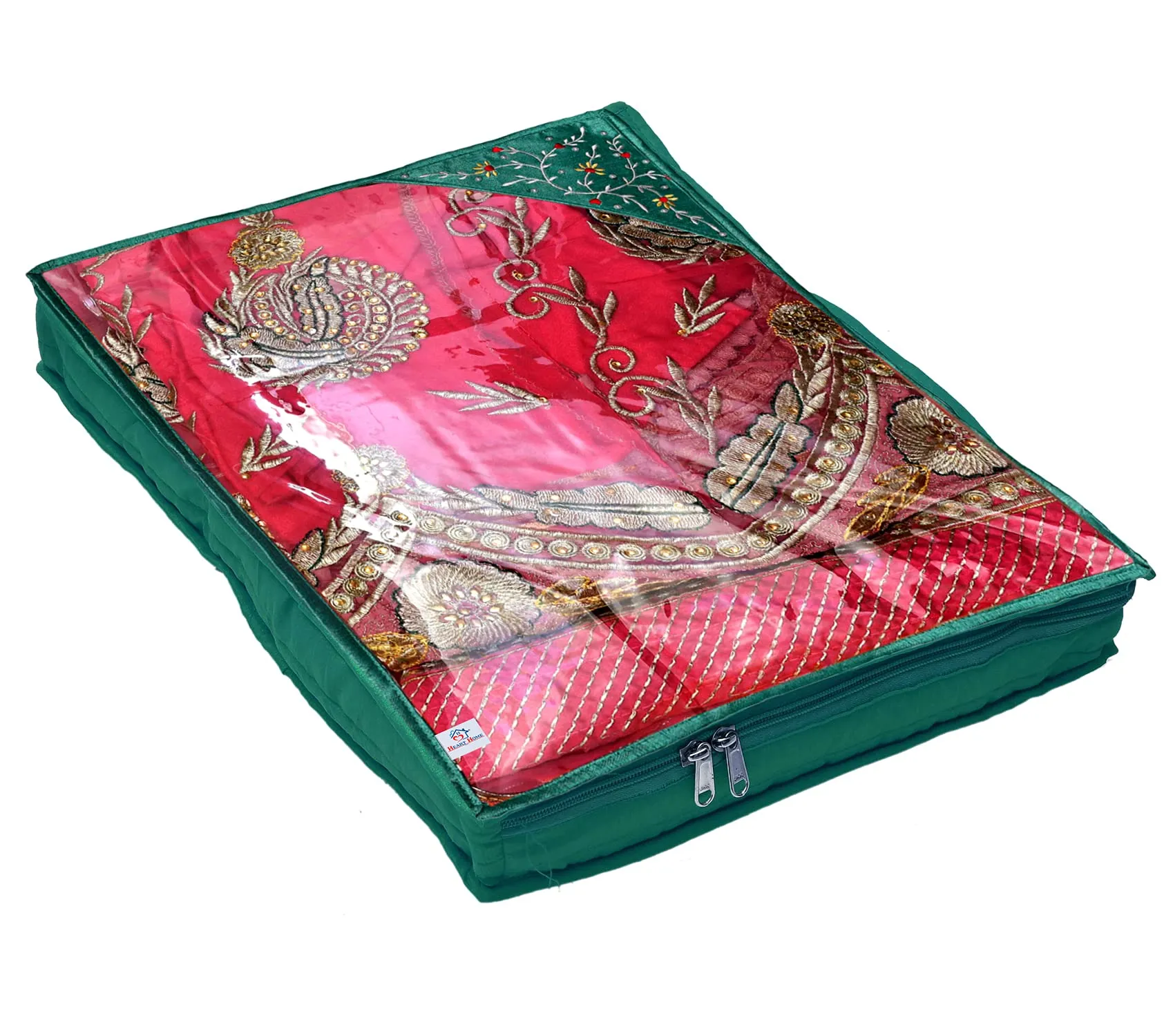 Heart Home Embroidery Design Non Woven 3" inch Foldable, Lightweigth Saree Cover/Clothes Organiser For Wardrobe With Transparent Top- Pack of 2 (Green)