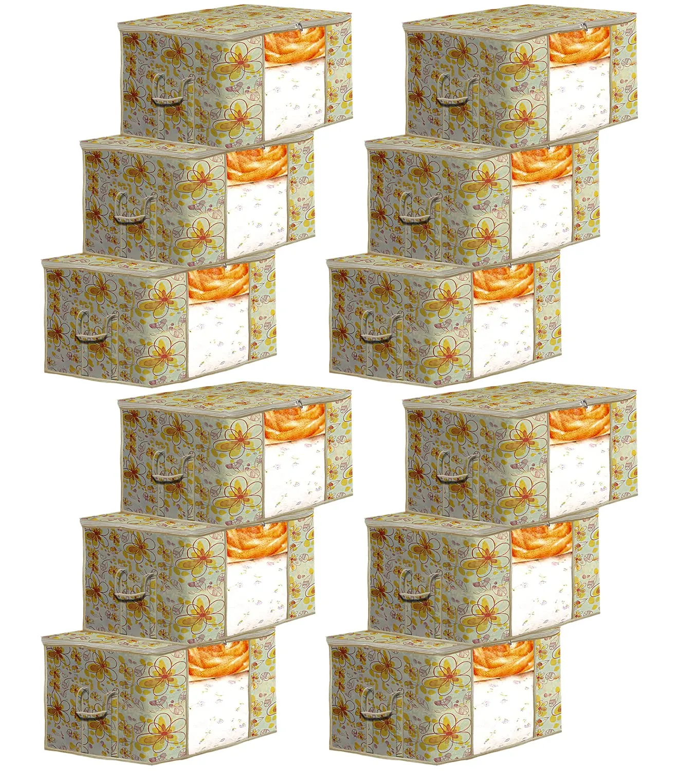 Heart Home Flower Design Non-woven Underbed, Strorage Organizer With Transparent Window- Pack of 12 (Yellow)-44HH0524