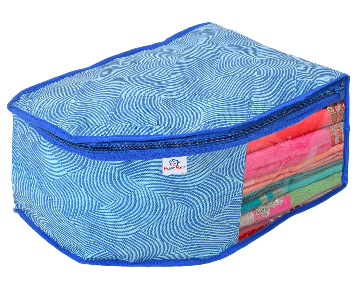 Heart Home Lahariya Design Non-woven 2 Saree & 2 Blouse Cover/Organizer Set With Transparent Window- Pack of 4 (Blue) -44HH0576