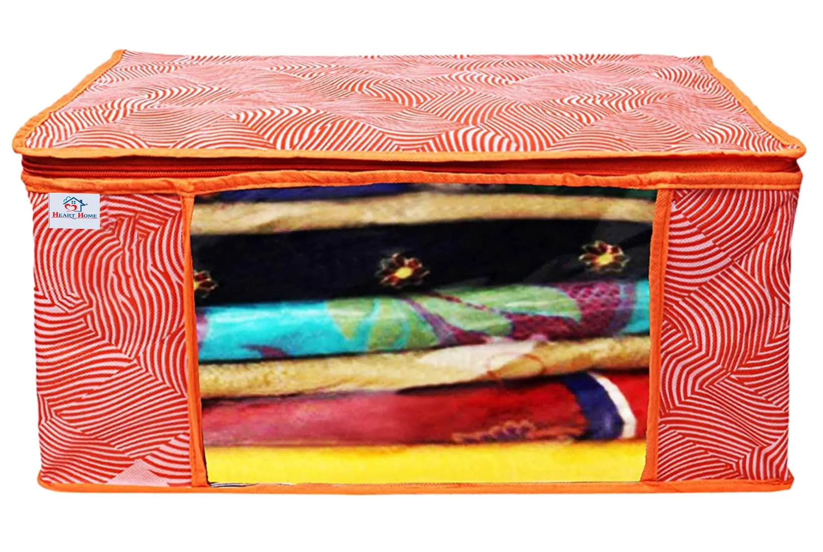 Heart Home Lahariya Design Non-woven Foldable Saree Cover/Clothes Storage Bag/Wardrobe Organizer With Transparent Window- Pack of 3 (Orange)-44HH0377