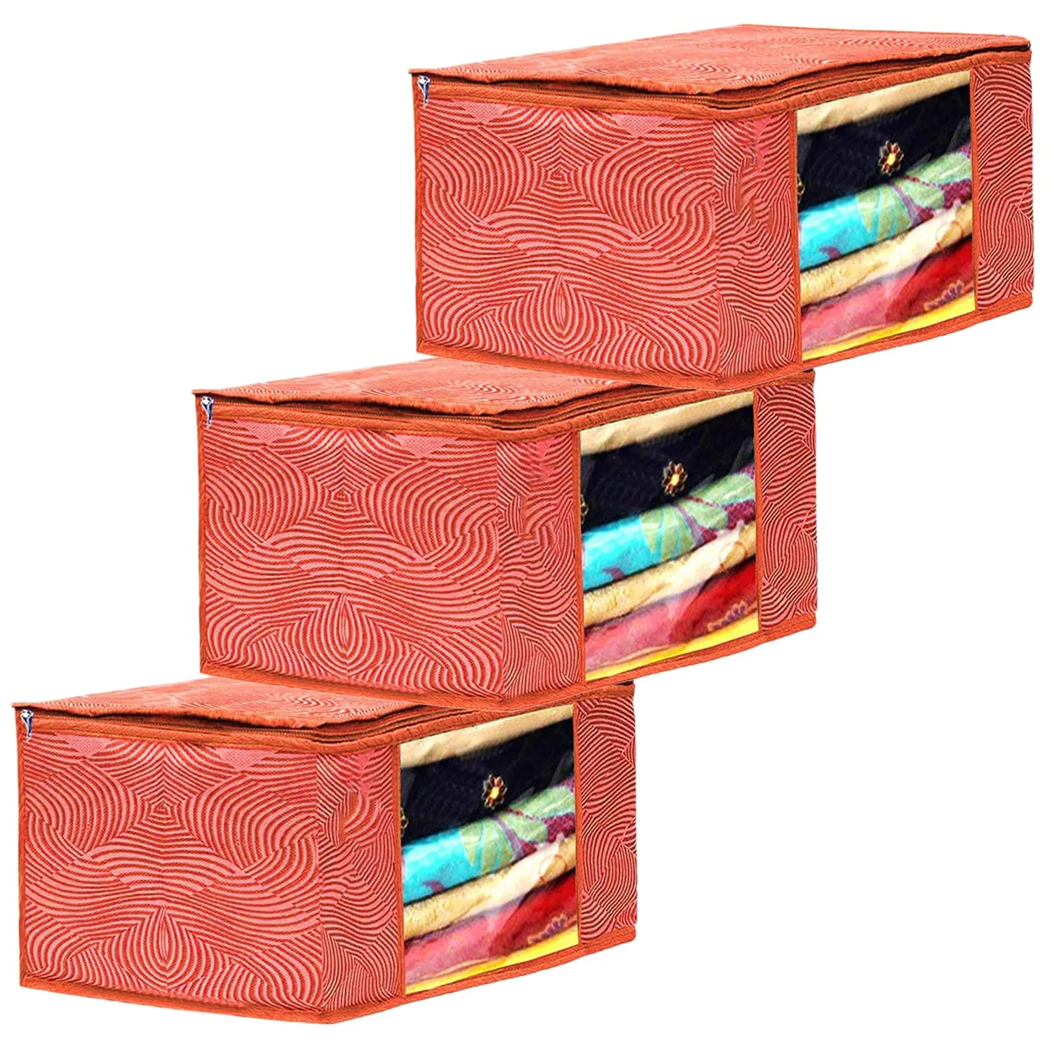 Heart Home Lahariya Design Non-woven Foldable Saree Cover/Clothes Storage Bag/Wardrobe Organizer With Transparent Window- Pack of 3 (Orange)-44HH0377