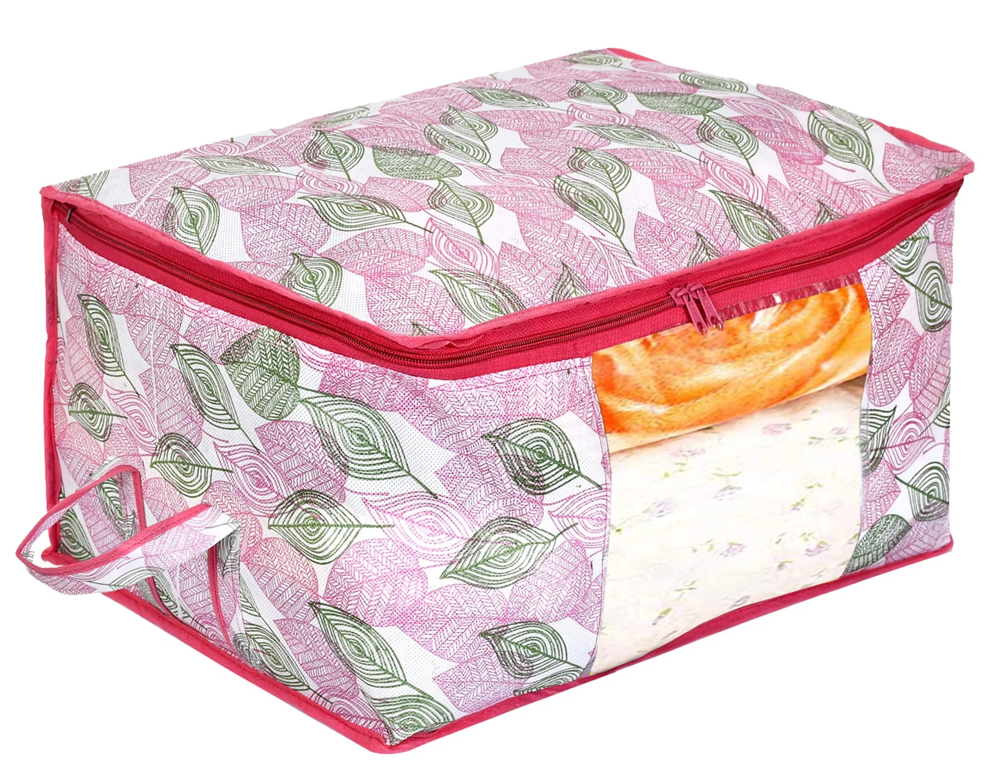 Heart Home Leaf Design Non-woven Foldable Underbed/Storage Bag/Wardrobe Organizer With Transparent Window- Pack of 6 (Pink)-44HH0487