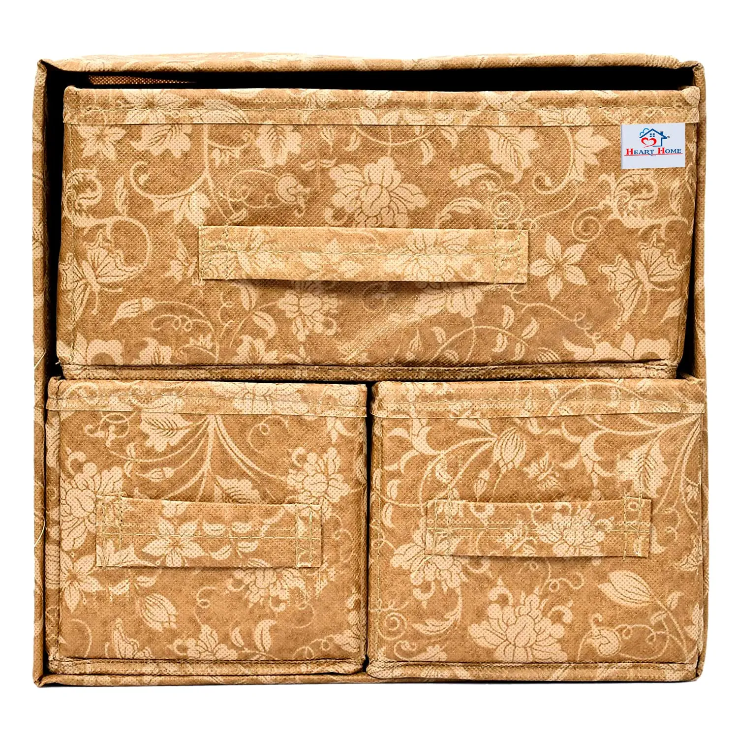 Heart Home Metallic Flower Printed 3 Drawers Foldable Non-Woven Dressing/Jewllery/Makeup Organizer Box (Brown)-HS43HEARTH26844