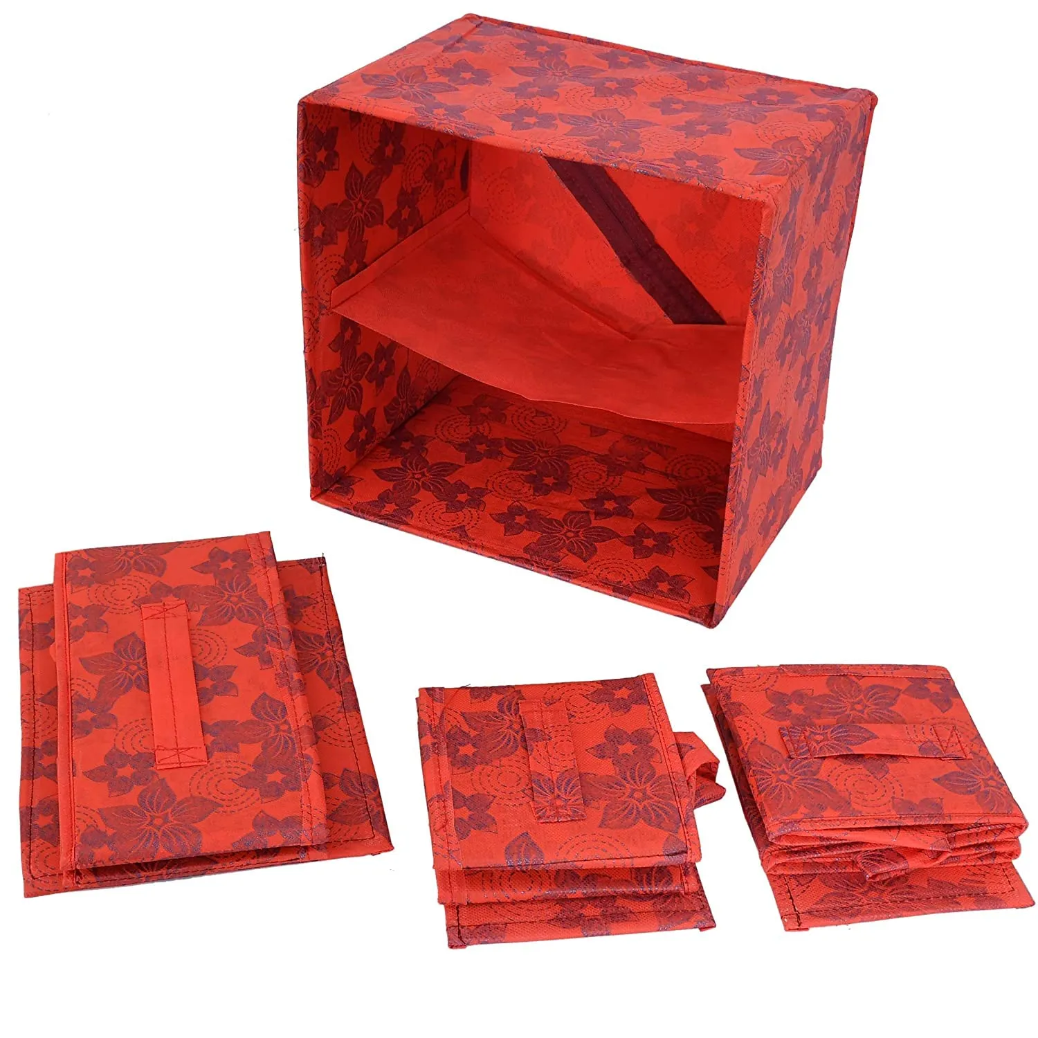 Heart Home Metallic Flower Printed 3 Drawers Foldable Non-Woven Dressing/Jewllery/Makeup Organizer Box- Pack of 2 (Red)-HS43HEARTH26850