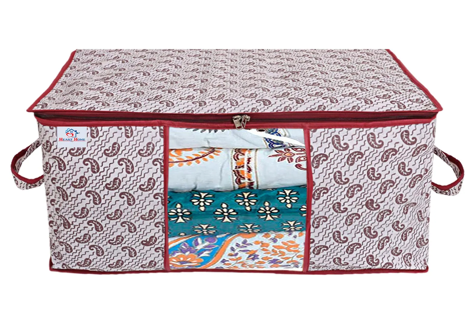 Heart Home Paisley Design Non-woven Foldable Underbed/Storage Bag/Wardrobe Organizer With Transparent Window- Pack of 9 (White)-44HH0473