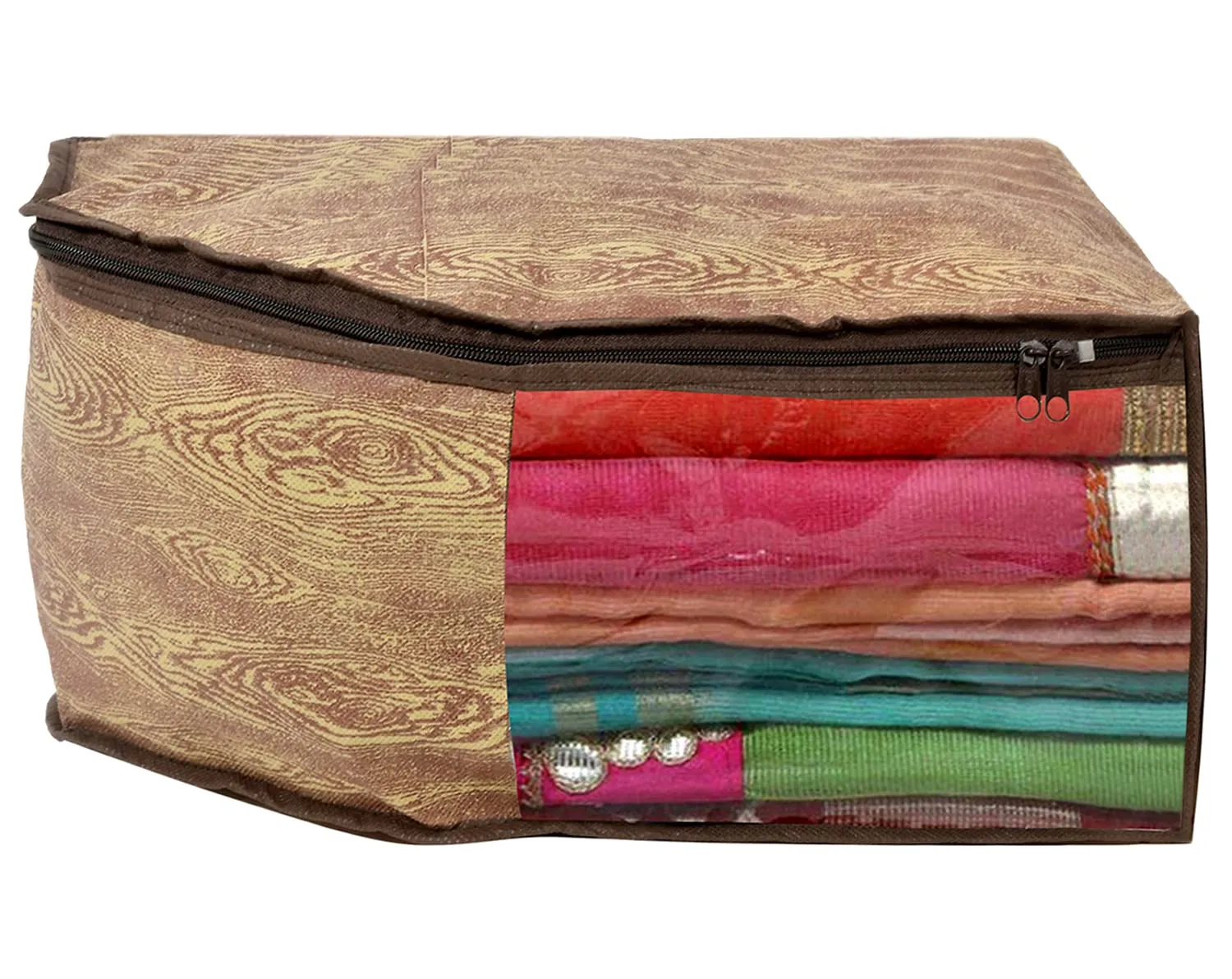 Heart Home Wooden Design Non-woven 3 Saree & 3 Blouse Cover/Organizer Set With Transparent Window- Pack of 6 (Brown) -44HH0562