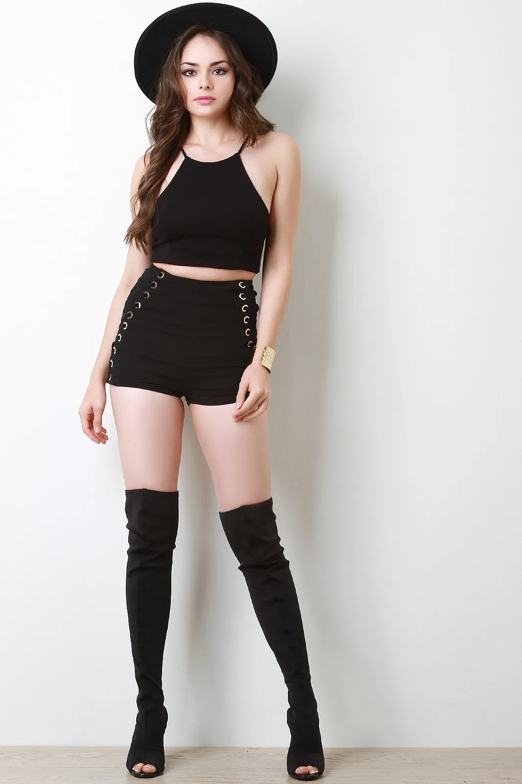 High Waist Side Eyelet Lace-Up Shorts