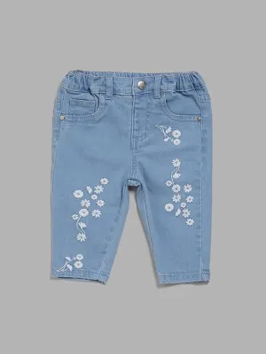 HOP Baby Blue Floral Embroidered Relaxed - Fit Mid - Rise Jeans