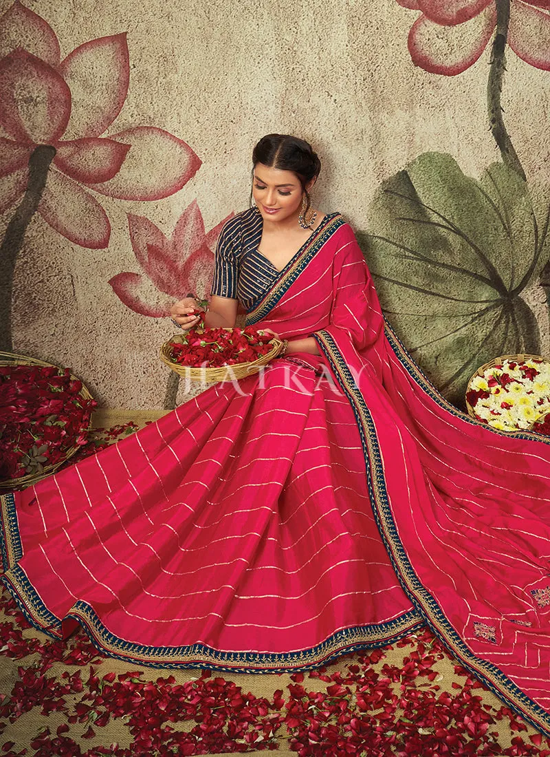 Traditional Chiffon Saree with Hot Pink and Blue Embroidery