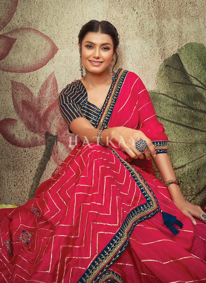 Traditional Chiffon Saree with Hot Pink and Blue Embroidery