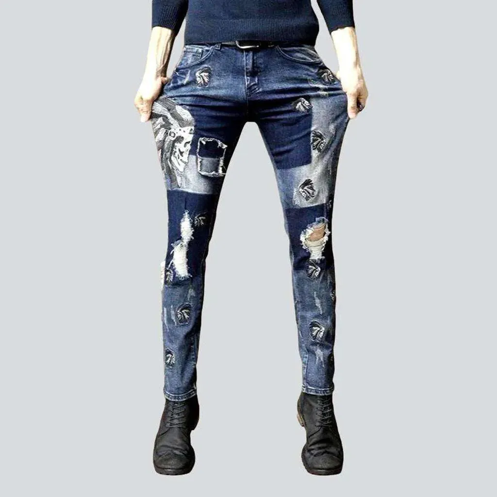 Indian skull embroidery men's jeans