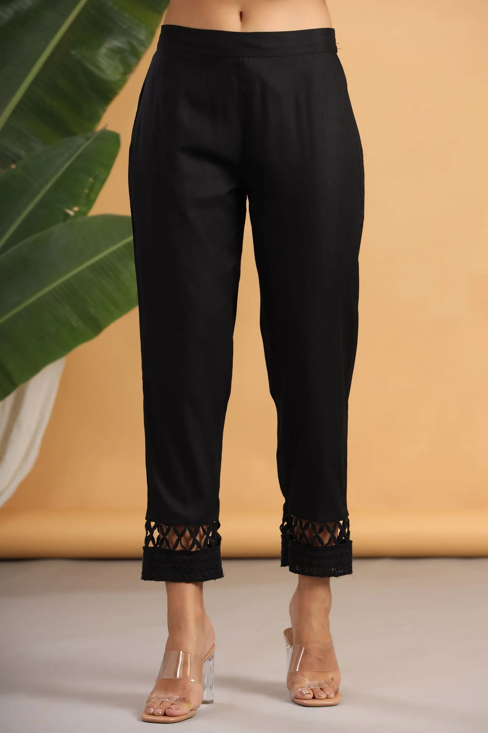 Jashvi Black Solid Rayon Ankle-Length Slim Fit Pants.