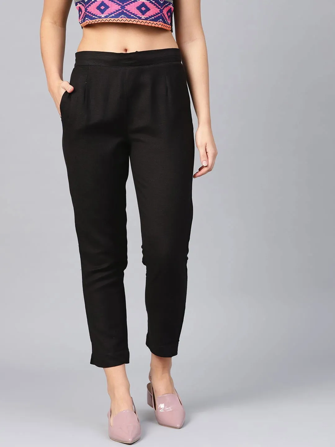 Jashvi Black Solid Rayon Flex Slim Fit Women Pants With Two Pockets