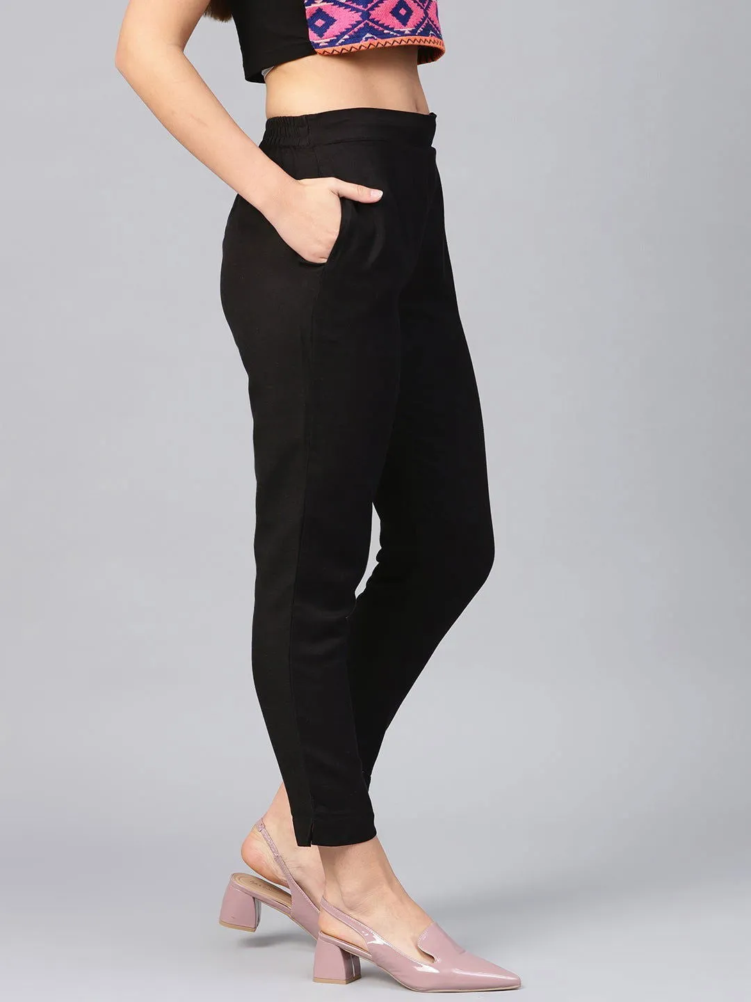 Jashvi Black Solid Rayon Flex Slim Fit Women Pants With Two Pockets