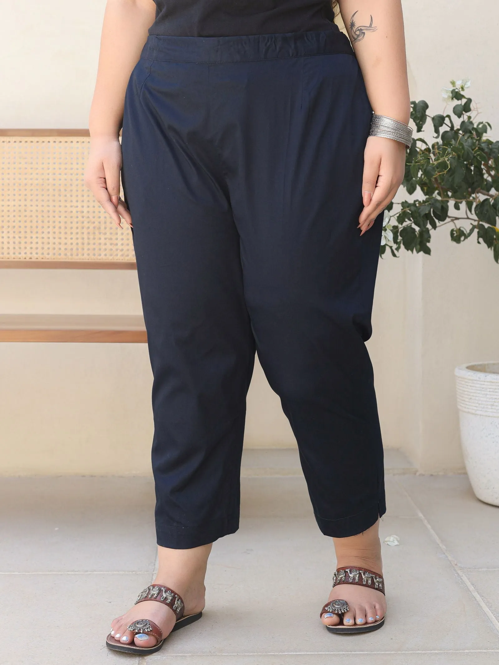 Jashvi Blue Solid Lycra Women Drawstring Plus Size Pants With Single Side Pocket