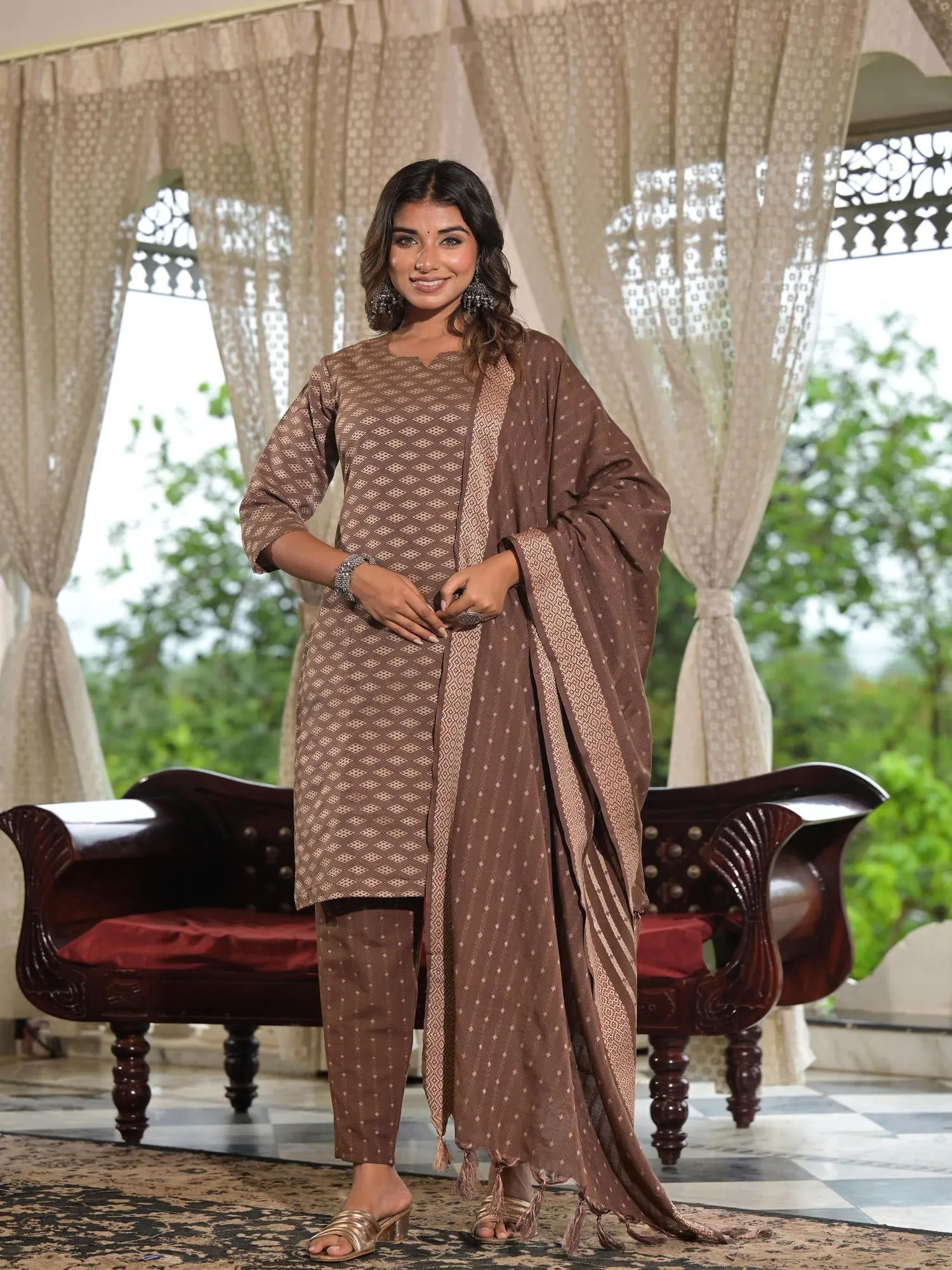 Jashvi Brown Geometric Printed Cotton Kurta Pant Set With Tassels On Dupatta