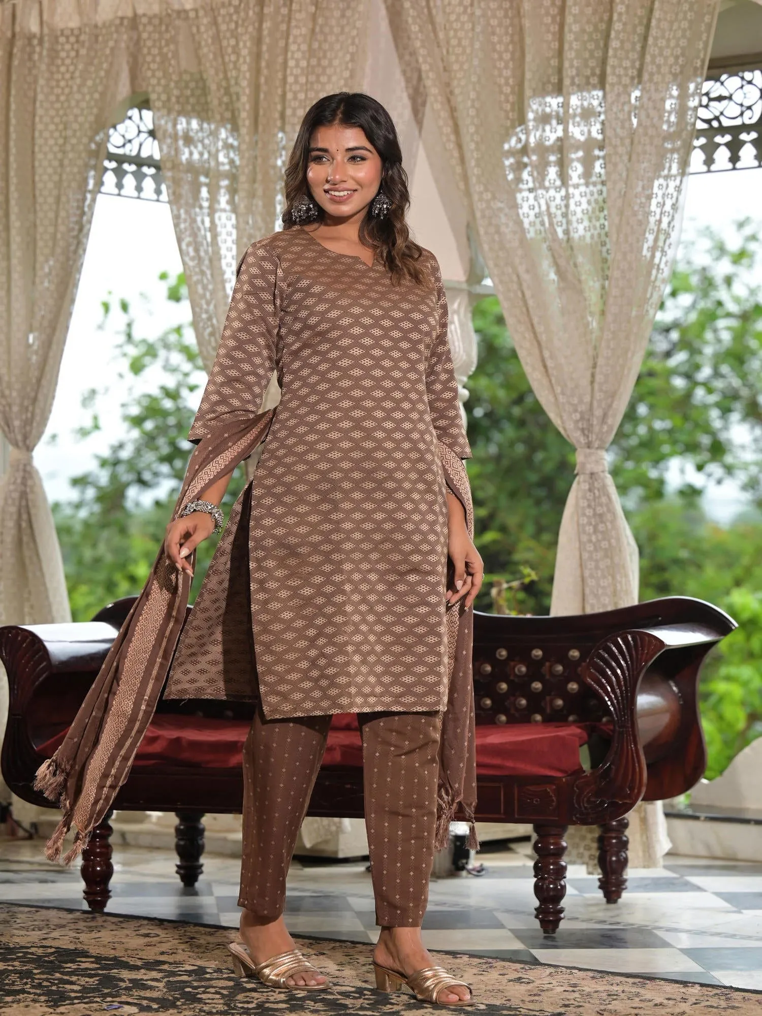 Jashvi Brown Geometric Printed Cotton Kurta Pant Set With Tassels On Dupatta