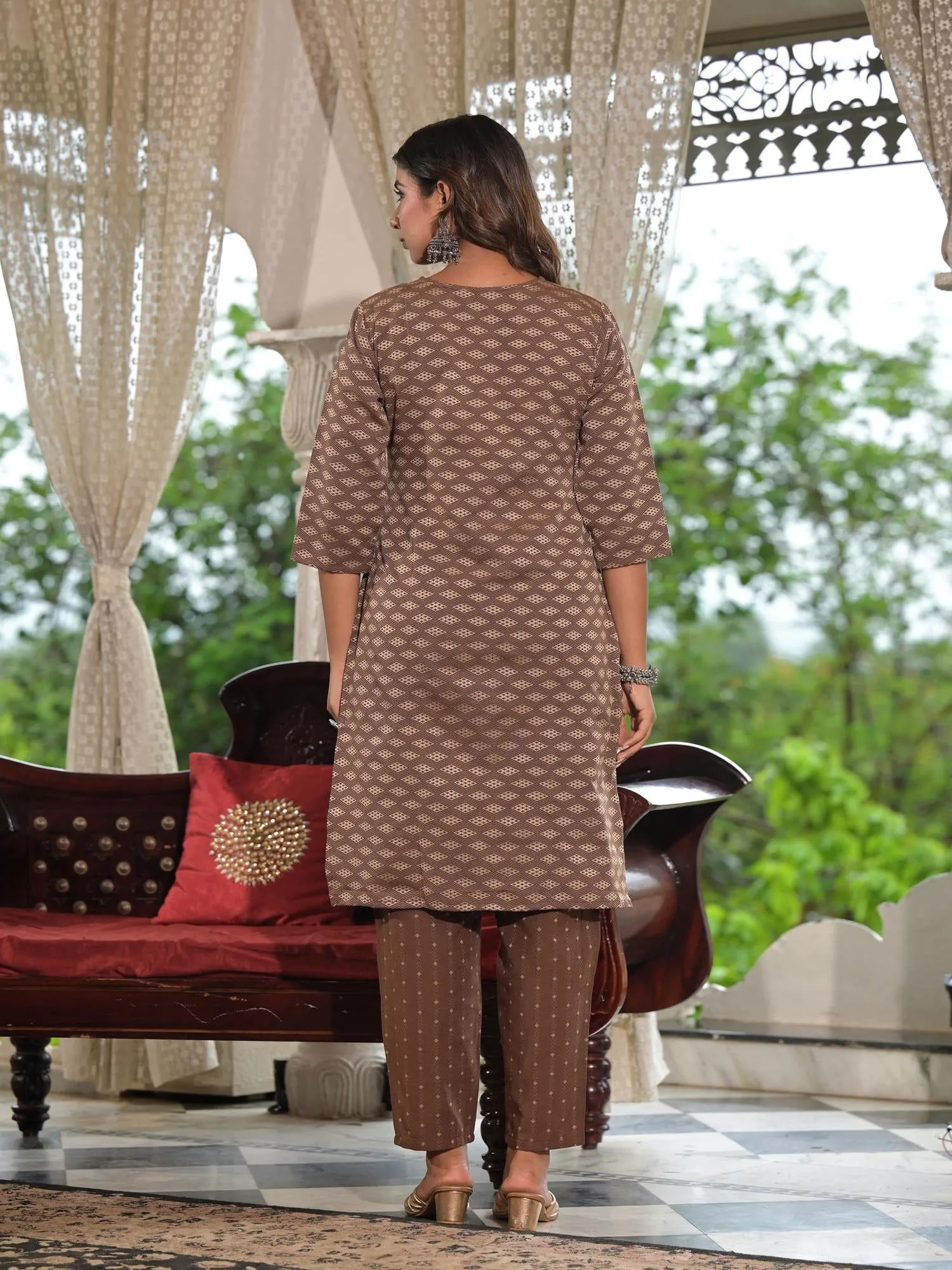 Jashvi Brown Geometric Printed Cotton Kurta Pant Set With Tassels On Dupatta