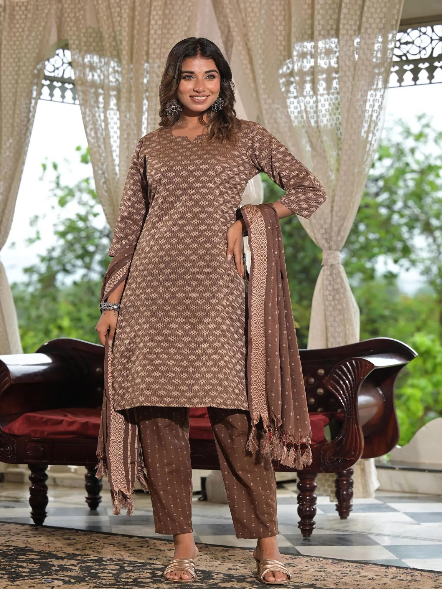 Jashvi Brown Geometric Printed Cotton Kurta Pant Set With Tassels On Dupatta