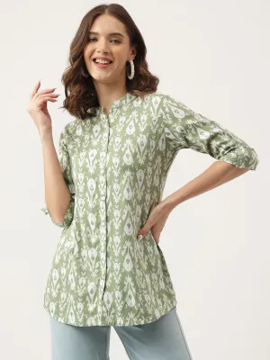 Jashvi Green & White Floral Foil Printed Rayon Shirt Style Top